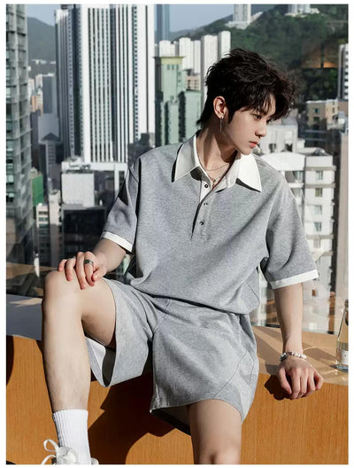 Chuan Contrast Collar Polo & Shorts Set-korean-fashion-Clothing Set-Chuan's Closet-OH Garments