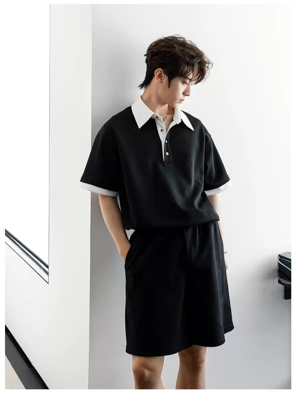 Chuan Contrast Collar Polo & Shorts Set-korean-fashion-Clothing Set-Chuan's Closet-OH Garments
