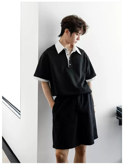 Chuan Contrast Collar Polo & Shorts Set-korean-fashion-Clothing Set-Chuan's Closet-OH Garments