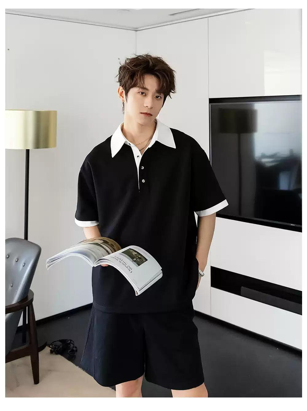 Chuan Contrast Collar Polo & Shorts Set-korean-fashion-Clothing Set-Chuan's Closet-OH Garments