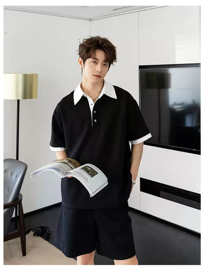 Chuan Contrast Collar Polo & Shorts Set-korean-fashion-Clothing Set-Chuan's Closet-OH Garments