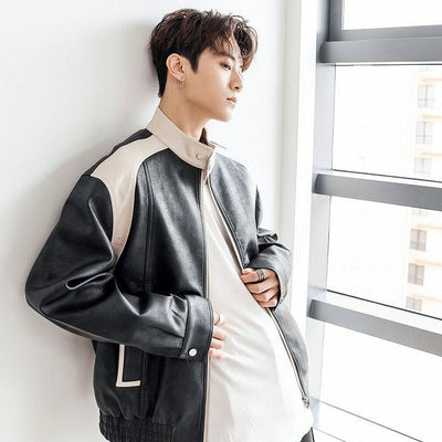 Chuan Contrast Detail Faux Leather Jacket-korean-fashion-Jacket-Chuan's Closet-OH Garments