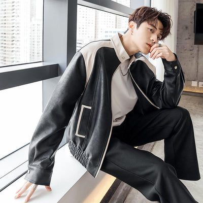 Chuan Contrast Detail Faux Leather Jacket-korean-fashion-Jacket-Chuan's Closet-OH Garments