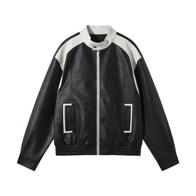 Chuan Contrast Detail Faux Leather Jacket-korean-fashion-Jacket-Chuan's Closet-OH Garments