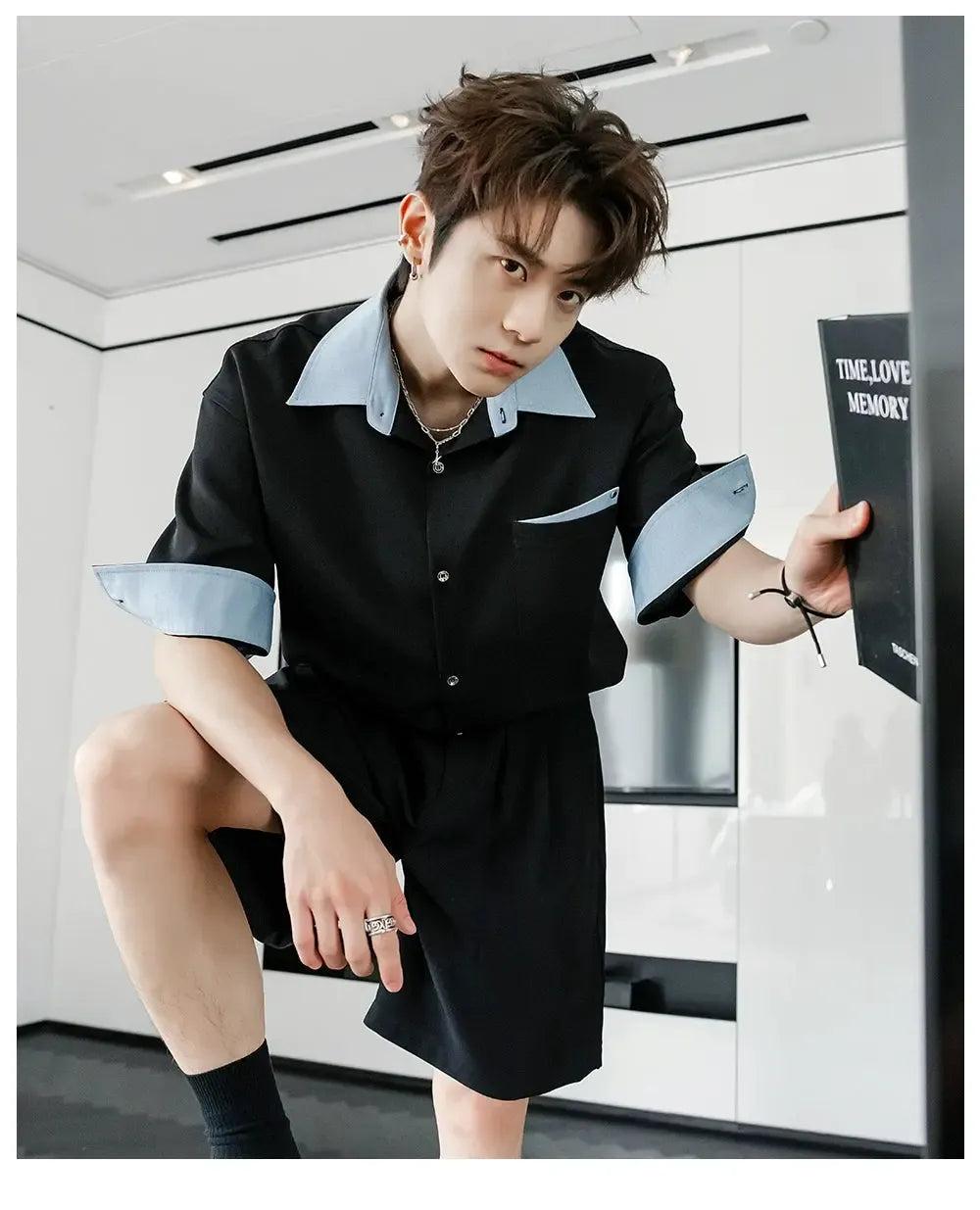 Chuan Contrast Details Short Sleeve Shirt-korean-fashion-Shirt-Chuan's Closet-OH Garments