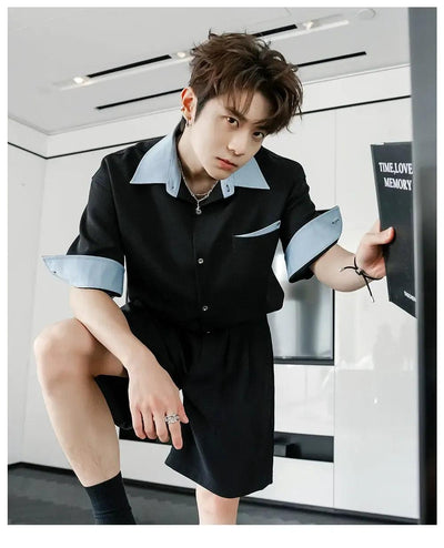 Chuan Contrast Details Short Sleeve Shirt-korean-fashion-Shirt-Chuan's Closet-OH Garments