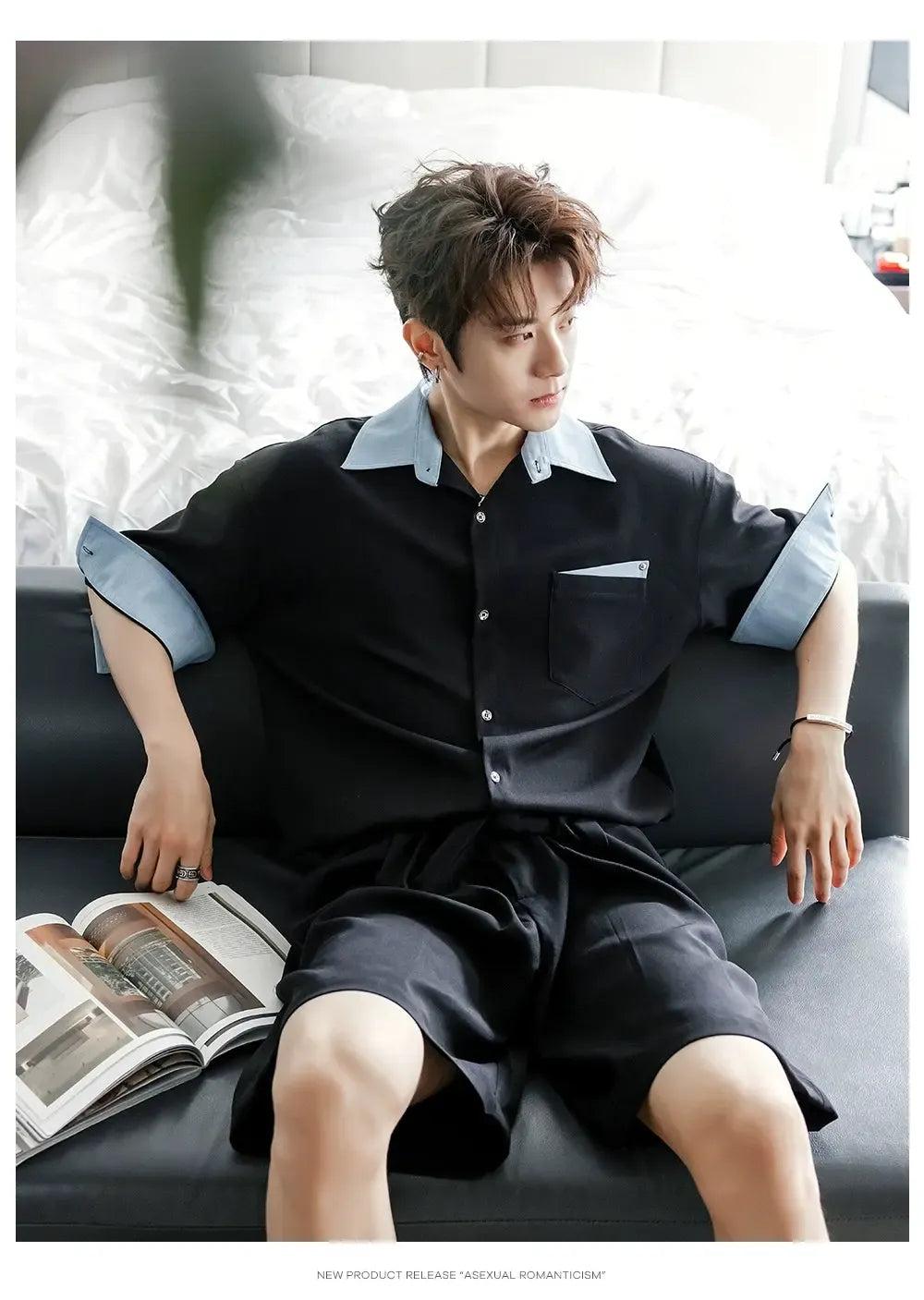 Chuan Contrast Details Short Sleeve Shirt-korean-fashion-Shirt-Chuan's Closet-OH Garments