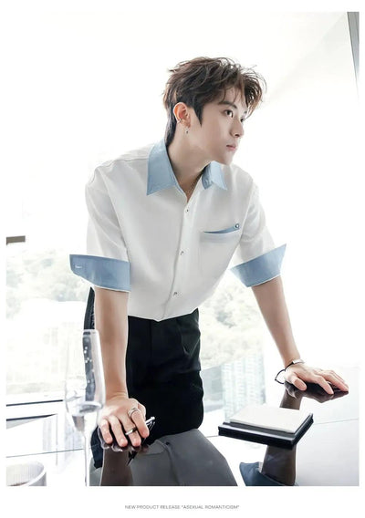 Chuan Contrast Details Short Sleeve Shirt-korean-fashion-Shirt-Chuan's Closet-OH Garments