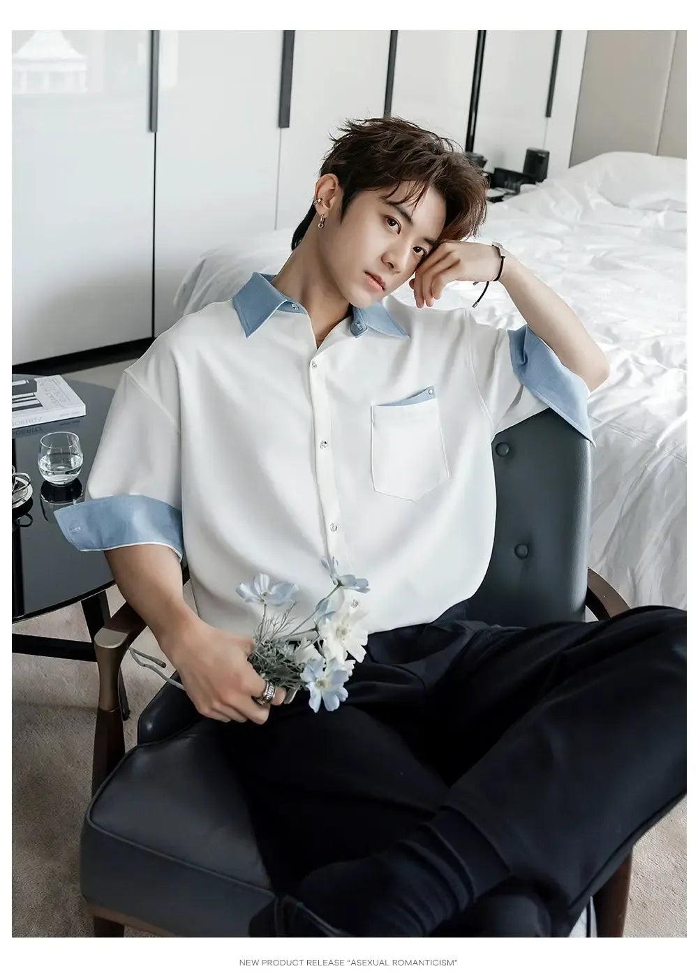 Chuan Contrast Details Short Sleeve Shirt-korean-fashion-Shirt-Chuan's Closet-OH Garments