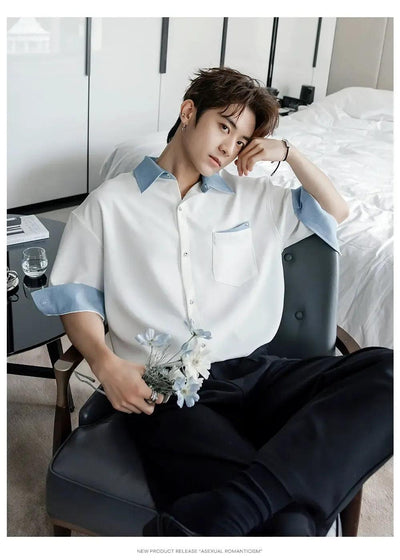 Chuan Contrast Details Short Sleeve Shirt-korean-fashion-Shirt-Chuan's Closet-OH Garments