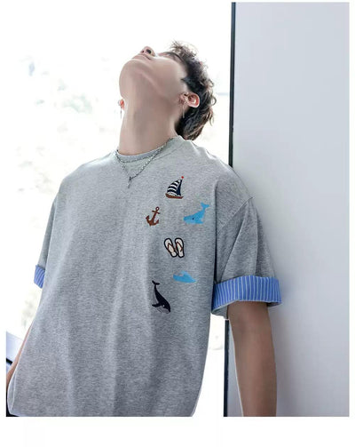 Chuan Contrast Hem Sleeve T-Shirt-korean-fashion-T-Shirt-Chuan's Closet-OH Garments