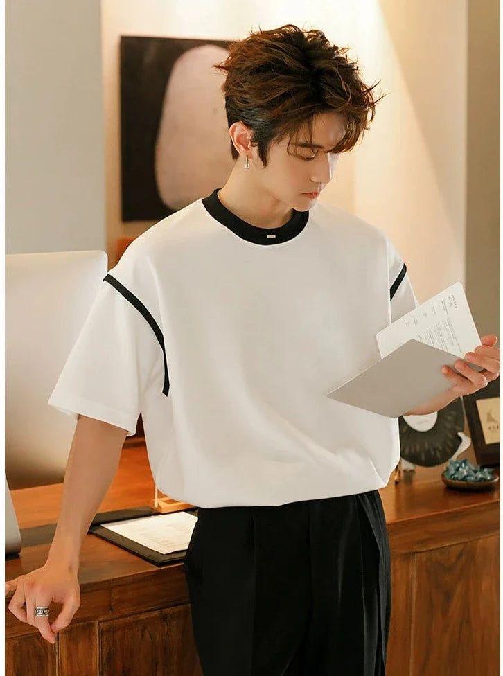 Chuan Contrast Lines Versatile T-Shirt-korean-fashion-T-Shirt-Chuan's Closet-OH Garments