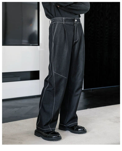 Chuan Contrast Stitched Straight Pants-korean-fashion-Pants-Chuan's Closet-OH Garments