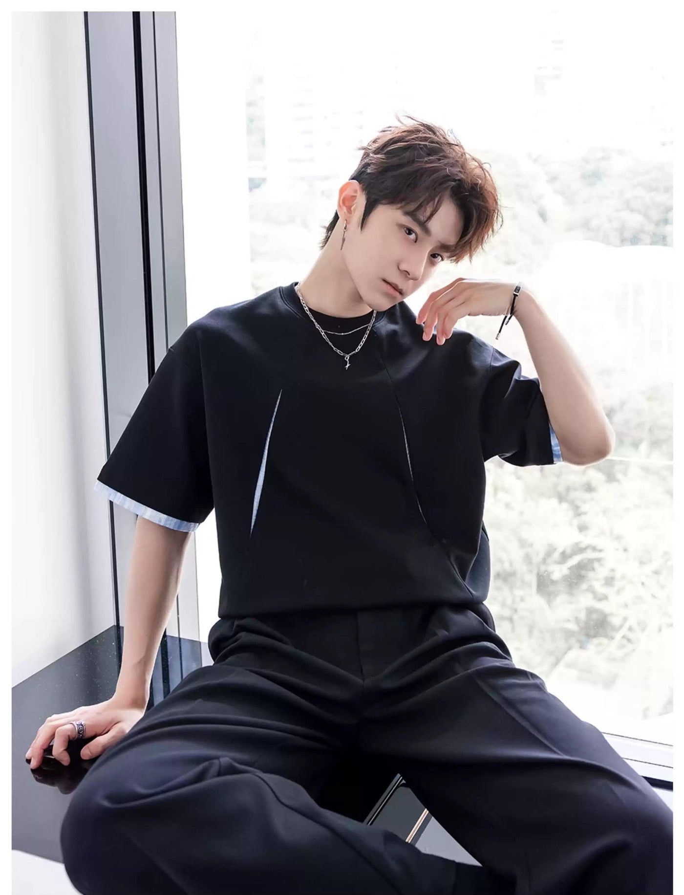 Chuan Contrast Structured Cut T-Shirt-korean-fashion-T-Shirt-Chuan's Closet-OH Garments