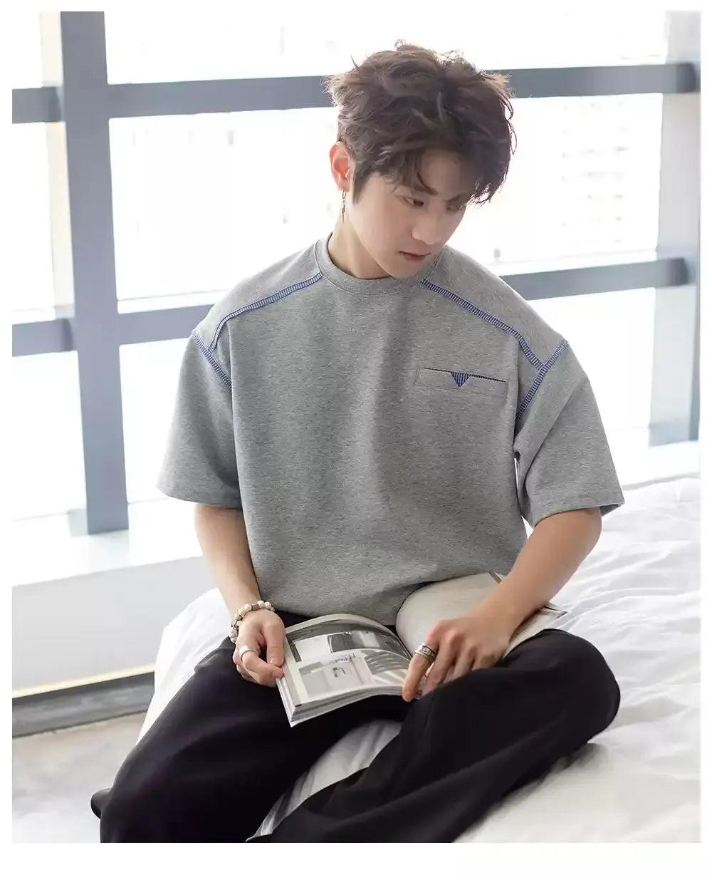 Chuan Contrast Topstitch T-Shirt-korean-fashion-T-Shirt-Chuan's Closet-OH Garments
