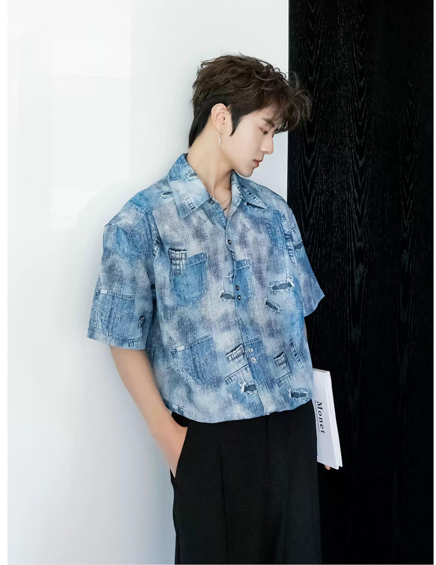 Chuan Distressed Pocket Print Denim Shirt-korean-fashion-Shirt-Chuan's Closet-OH Garments