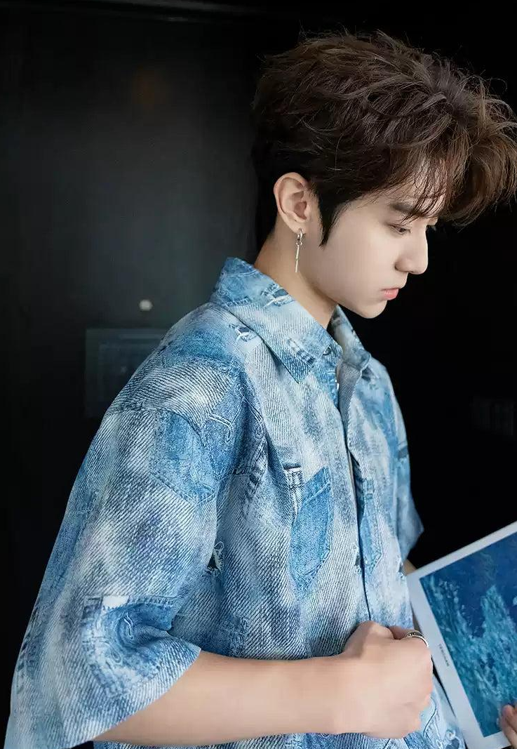 Chuan Distressed Pocket Print Denim Shirt-korean-fashion-Shirt-Chuan's Closet-OH Garments