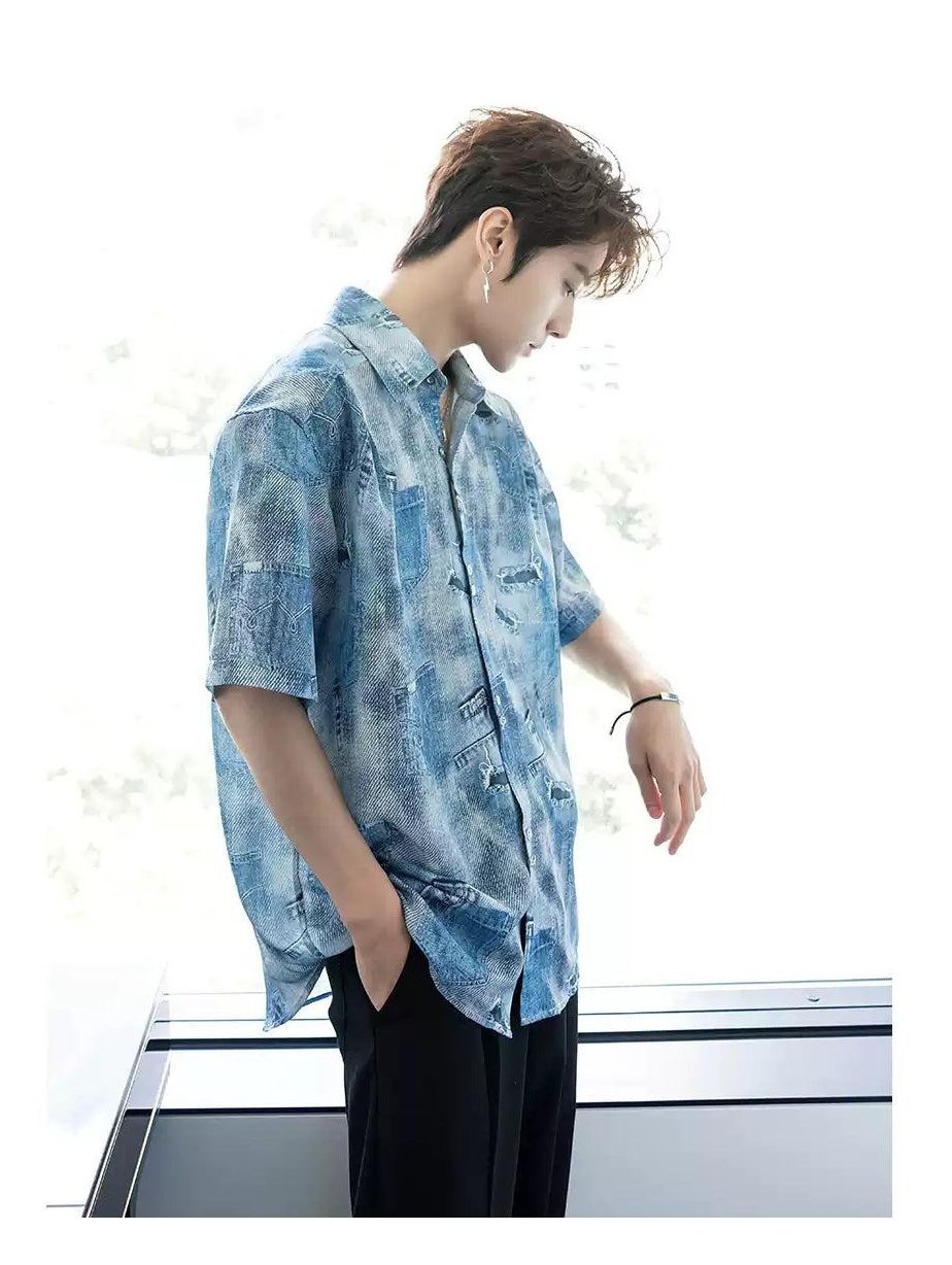 Chuan Distressed Pocket Print Denim Shirt-korean-fashion-Shirt-Chuan's Closet-OH Garments