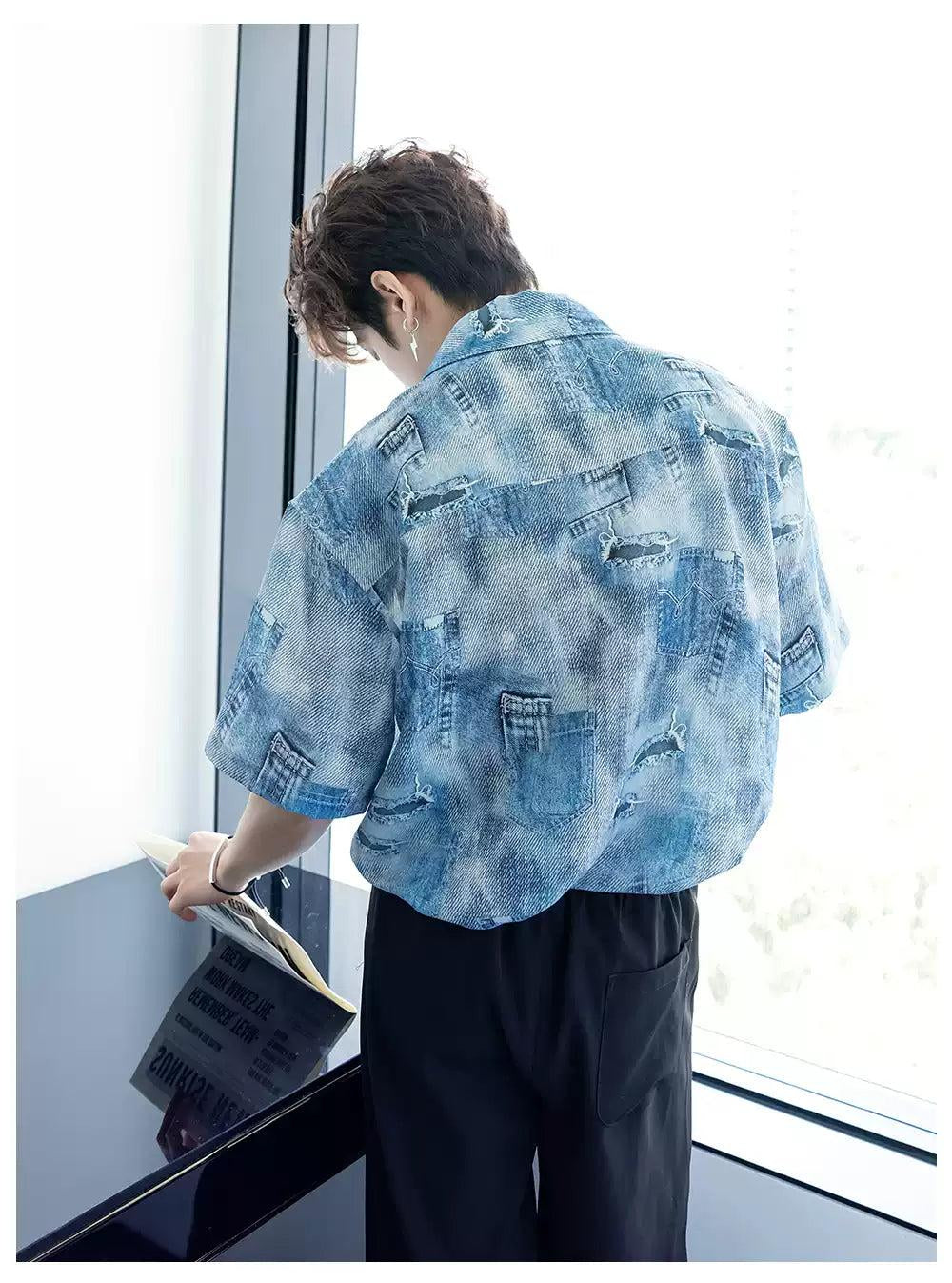 Chuan Distressed Pocket Print Denim Shirt-korean-fashion-Shirt-Chuan's Closet-OH Garments