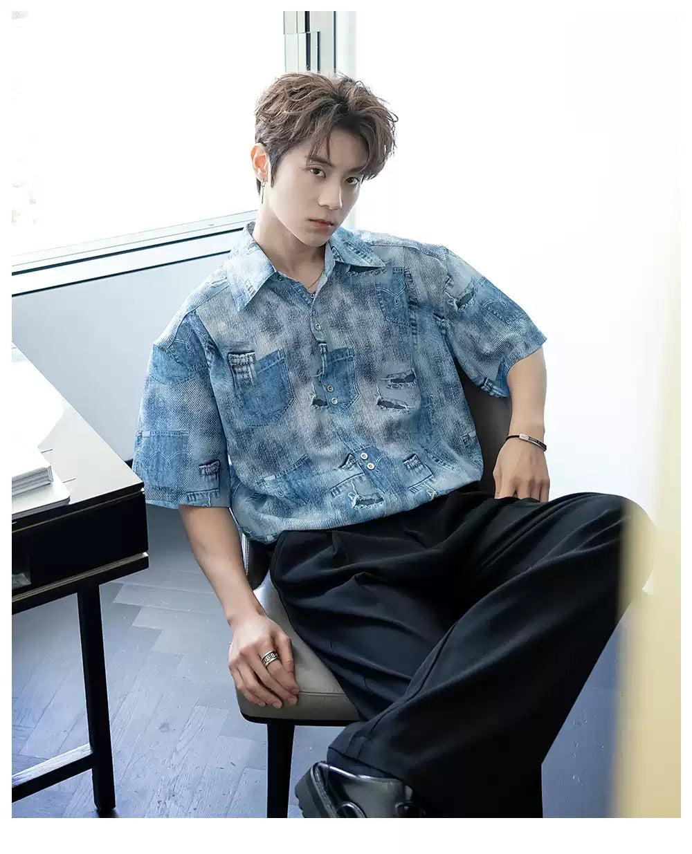 Chuan Distressed Pocket Print Denim Shirt-korean-fashion-Shirt-Chuan's Closet-OH Garments