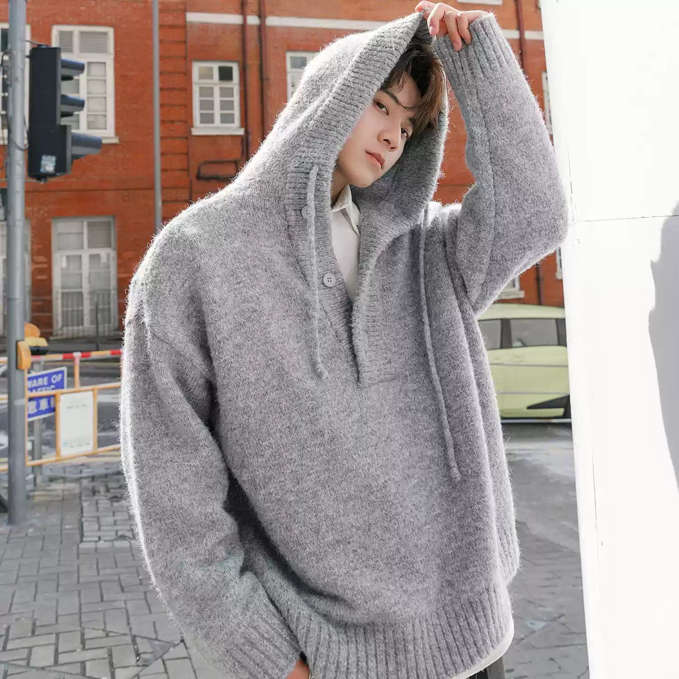 Chuan Drawstring Half-Button Knit Hoodie-korean-fashion-Hoodie-Chuan's Closet-OH Garments