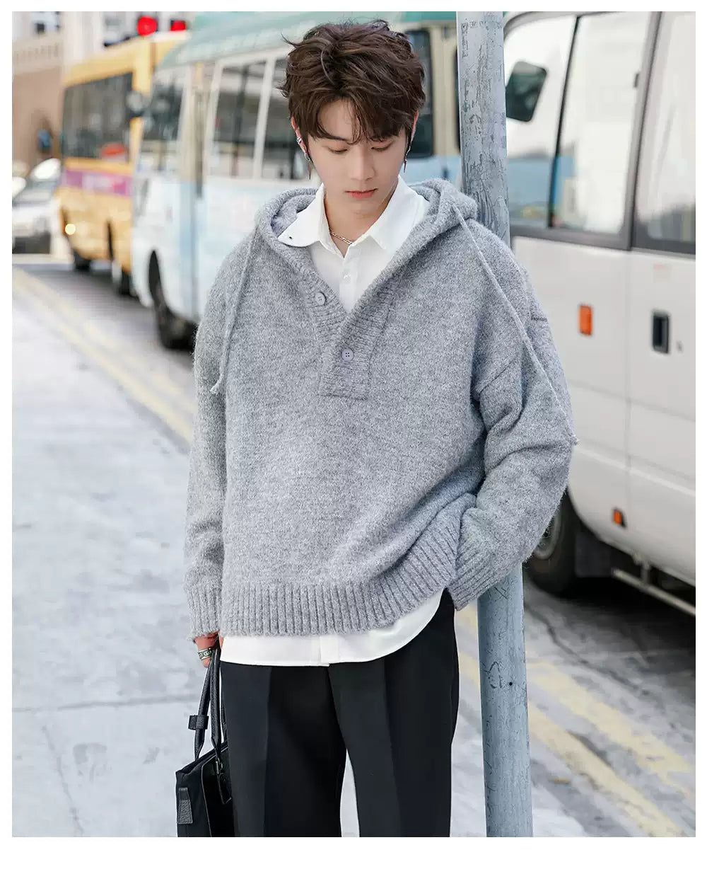 Chuan Drawstring Half-Buttons Knitted Hoodie-korean-fashion-Hoodie-Chuan's Closet-OH Garments