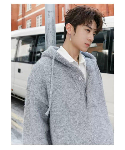 Chuan Drawstring Half-Buttons Knitted Hoodie-korean-fashion-Hoodie-Chuan's Closet-OH Garments