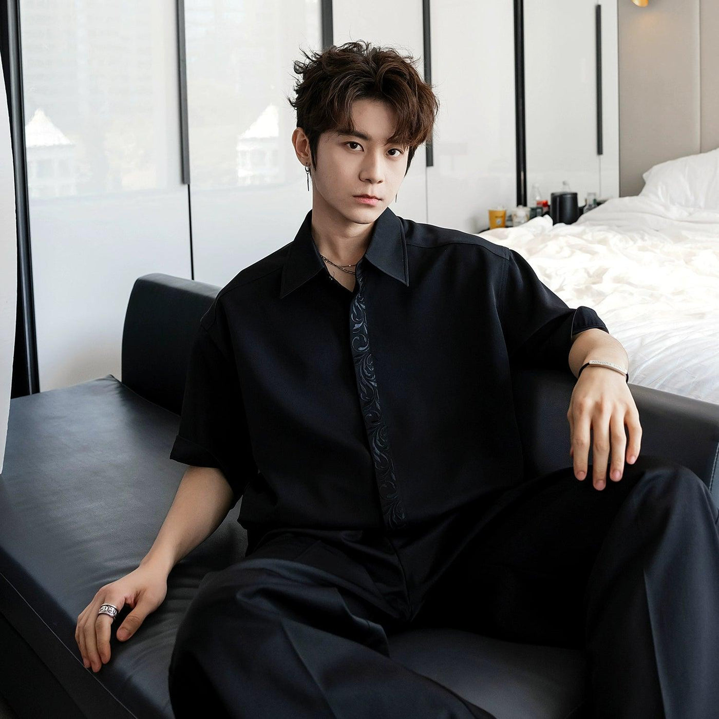 Chuan Embroidered Pattern Hidden Button Shirt-korean-fashion-Shirt-Chuan's Closet-OH Garments