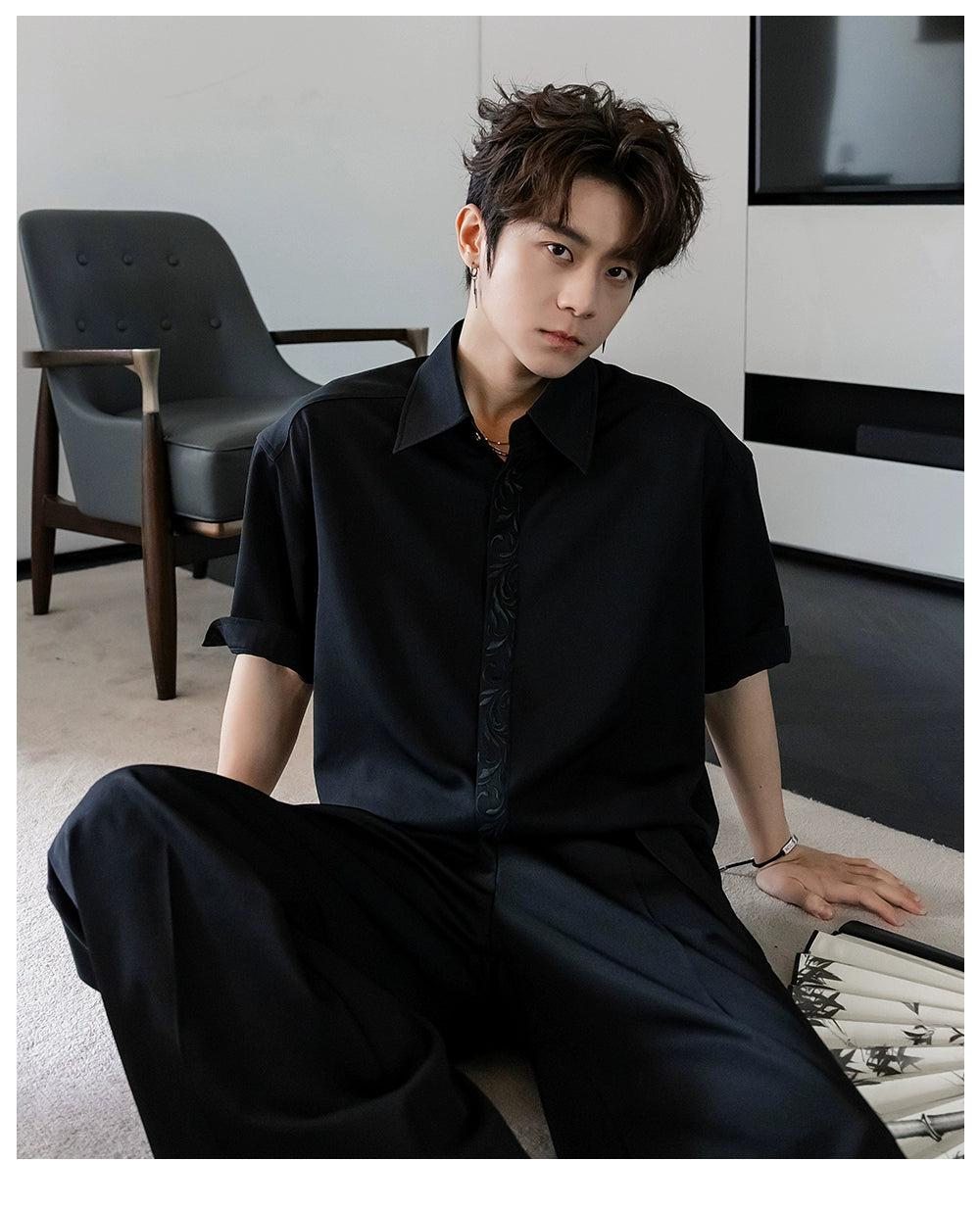 Chuan Embroidered Pattern Hidden Button Shirt-korean-fashion-Shirt-Chuan's Closet-OH Garments
