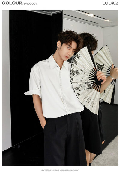 Chuan Embroidered Pattern Hidden Button Shirt-korean-fashion-Shirt-Chuan's Closet-OH Garments