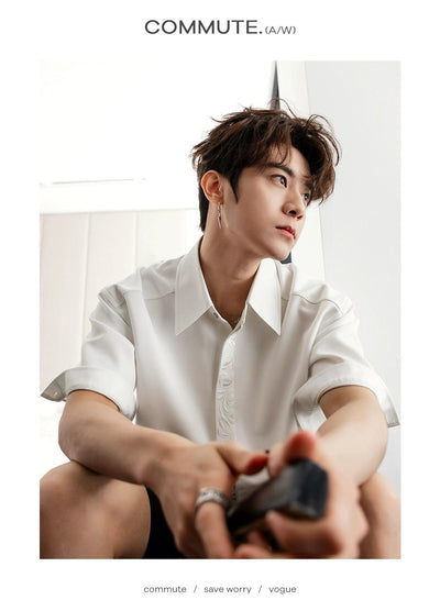 Chuan Embroidered Pattern Hidden Button Shirt-korean-fashion-Shirt-Chuan's Closet-OH Garments