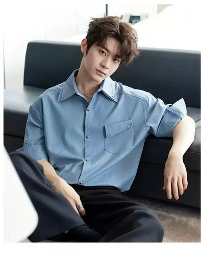 Chuan Flap Pocket Detail Buttoned Shirt-korean-fashion-Shirt-Chuan's Closet-OH Garments