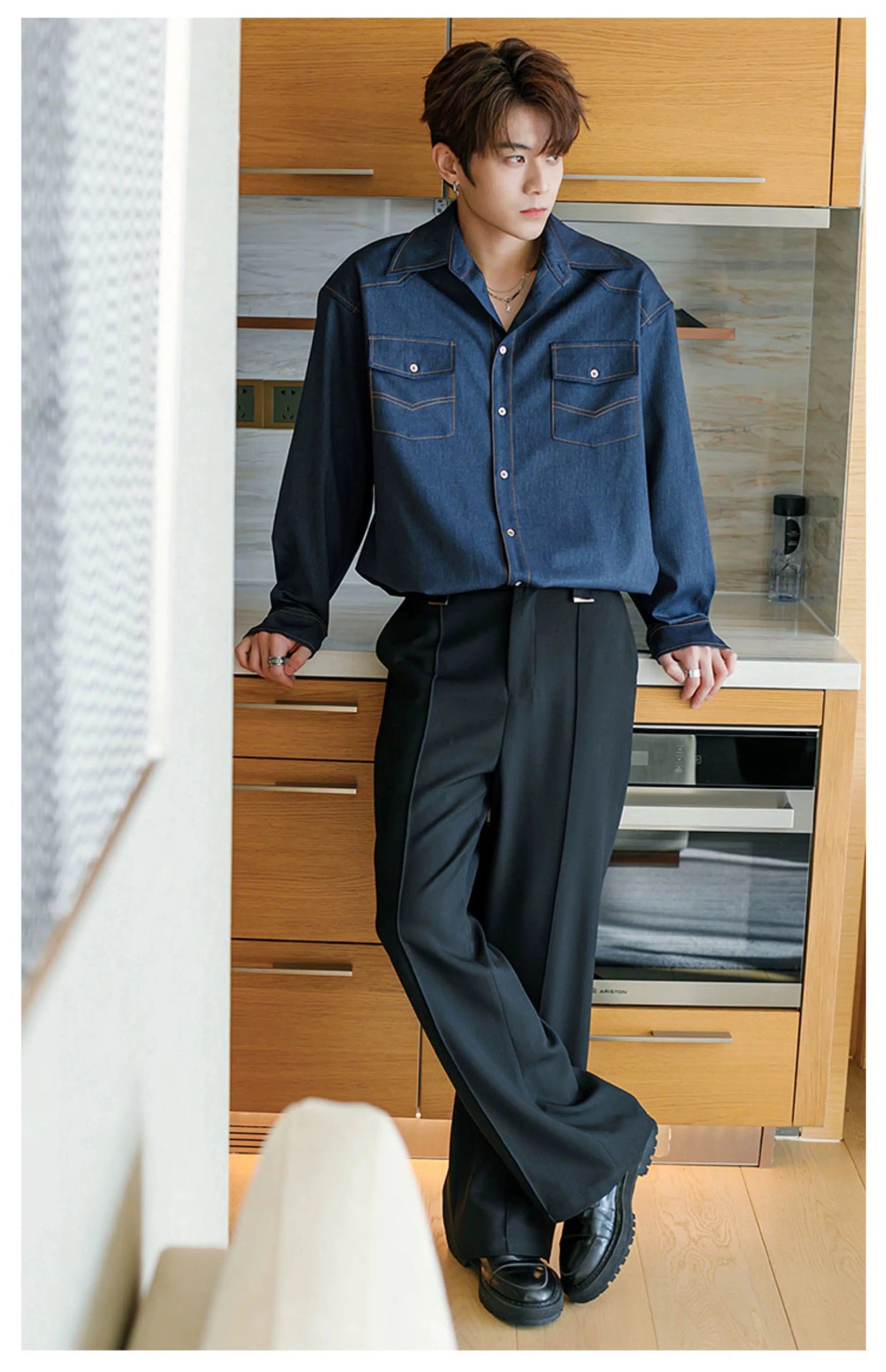 Chuan Flap Pocket Stitched Detail Denim Shirt-korean-fashion-Shirt-Chuan's Closet-OH Garments