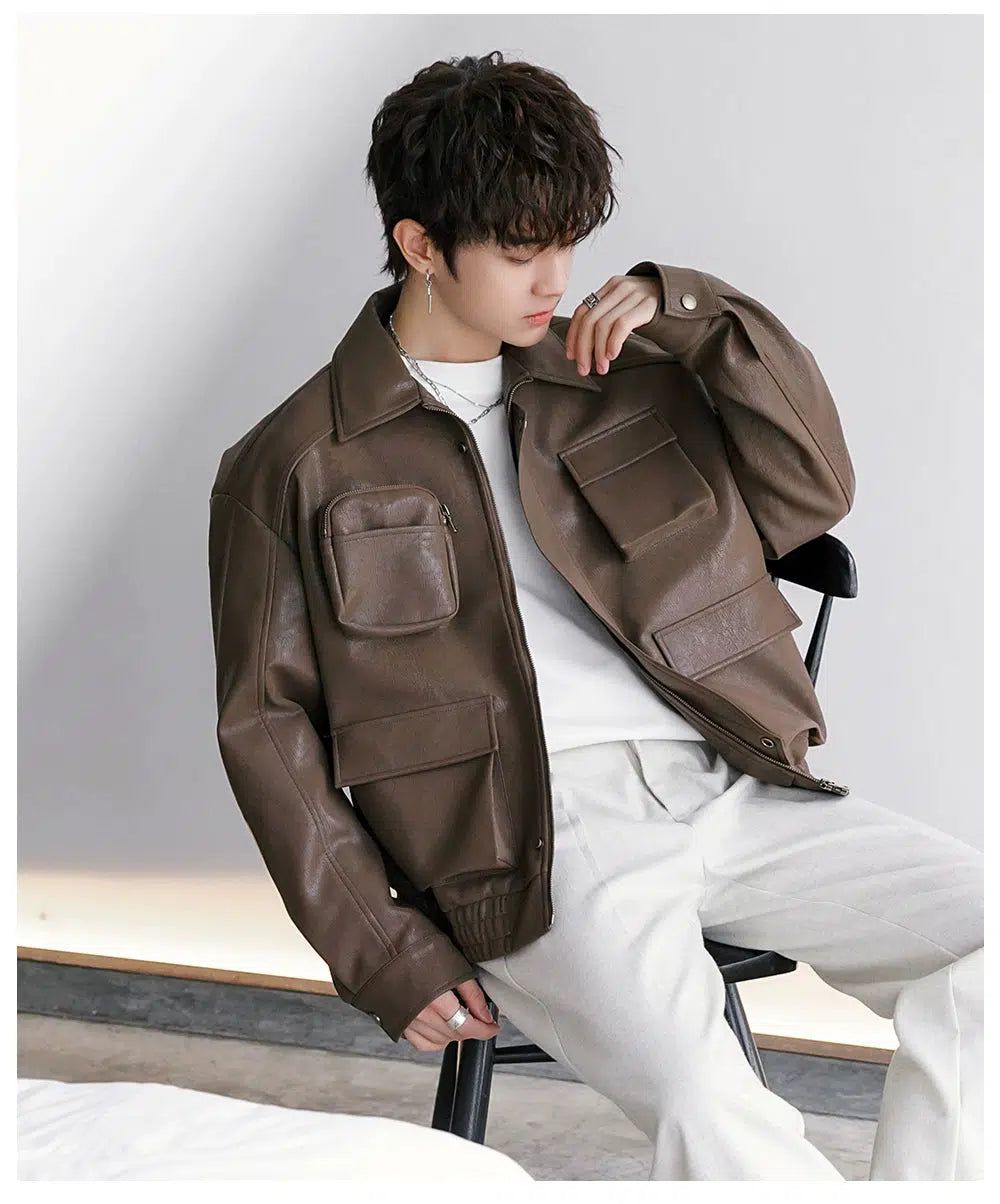 Chuan Functional Pocket PU Leather Jacket-korean-fashion-Jacket-Chuan's Closet-OH Garments