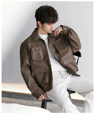 Chuan Functional Pocket PU Leather Jacket-korean-fashion-Jacket-Chuan's Closet-OH Garments