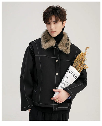 Chuan Fur Collar Contrast Stitched Jacket-korean-fashion-Jacket-Chuan's Closet-OH Garments