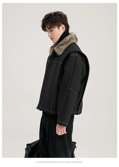 Chuan Fur Collar Contrast Stitched Jacket-korean-fashion-Jacket-Chuan's Closet-OH Garments