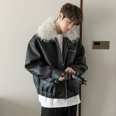 Chuan Fur Collar PU Leather Jacket-korean-fashion-Jacket-Chuan's Closet-OH Garments