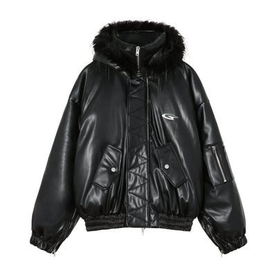 Chuan Fur Hood PU Leather Jacket-korean-fashion-Jacket-Chuan's Closet-OH Garments