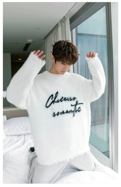 Chuan Fuzzy Blur Embroidered Letters Sweater-korean-fashion-Sweater-Chuan's Closet-OH Garments