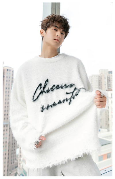 Chuan Fuzzy Blur Embroidered Letters Sweater-korean-fashion-Sweater-Chuan's Closet-OH Garments