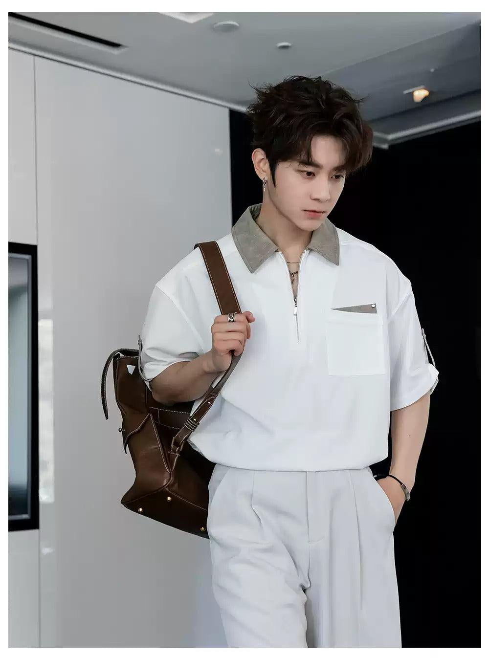 Chuan Half-Zipped Collar T-Shirt-korean-fashion-T-Shirt-Chuan's Closet-OH Garments