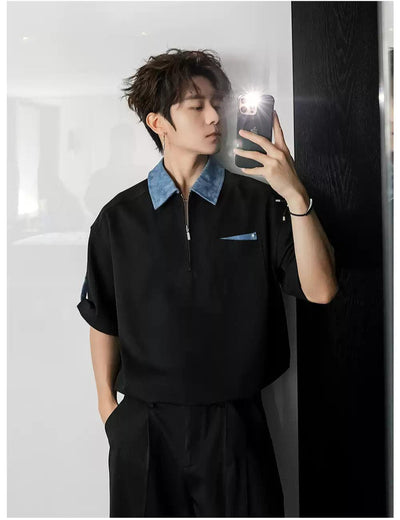 Chuan Half-Zipped Collar T-Shirt-korean-fashion-T-Shirt-Chuan's Closet-OH Garments