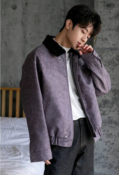 Chuan Hazy Fuzzy Collared Moto PU Leather Jacket-korean-fashion-Jacket-Chuan's Closet-OH Garments