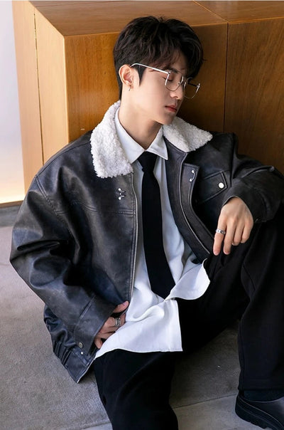 Chuan Hazy Fuzzy Collared Moto PU Leather Jacket-korean-fashion-Jacket-Chuan's Closet-OH Garments