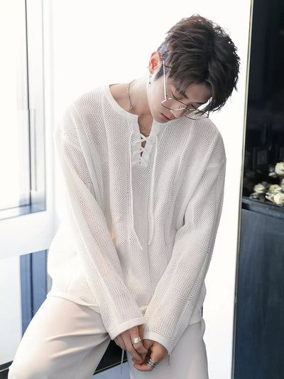 Chuan Hollow Thin Lace-Up V-Neck Sweater-korean-fashion-Sweater-Chuan's Closet-OH Garments