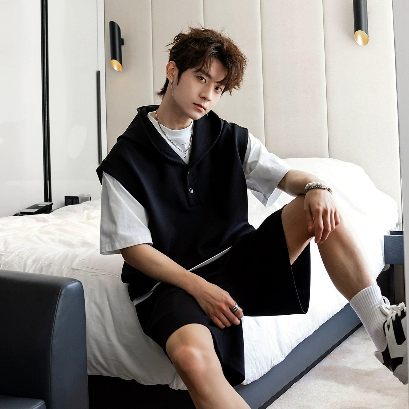 Chuan Hooded Vest Layer T-Shirt and Shorts Set-korean-fashion-Clothing Set-Chuan's Closet-OH Garments