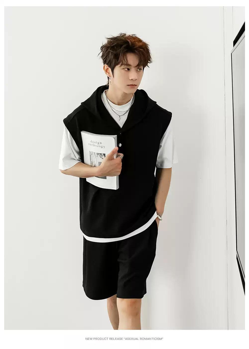 Chuan Hooded Vest Layer T-Shirt and Shorts Set-korean-fashion-Clothing Set-Chuan's Closet-OH Garments