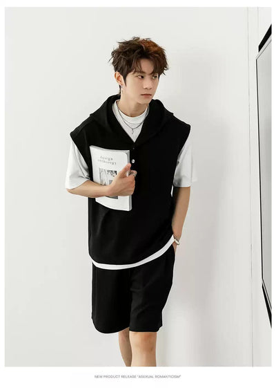 Chuan Hooded Vest Layer T-Shirt and Shorts Set-korean-fashion-Clothing Set-Chuan's Closet-OH Garments