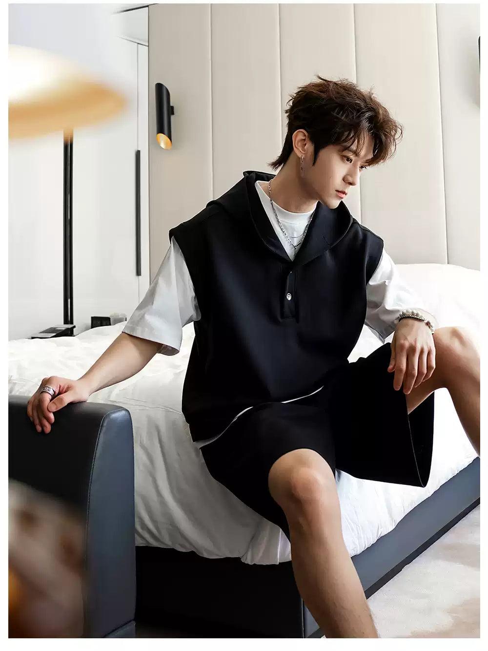 Chuan Hooded Vest Layer T-Shirt and Shorts Set-korean-fashion-Clothing Set-Chuan's Closet-OH Garments